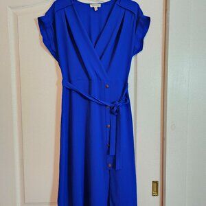 EUC Monteau Blue V Neck Mini Faux Wrap Dress Short Sleeve Large
